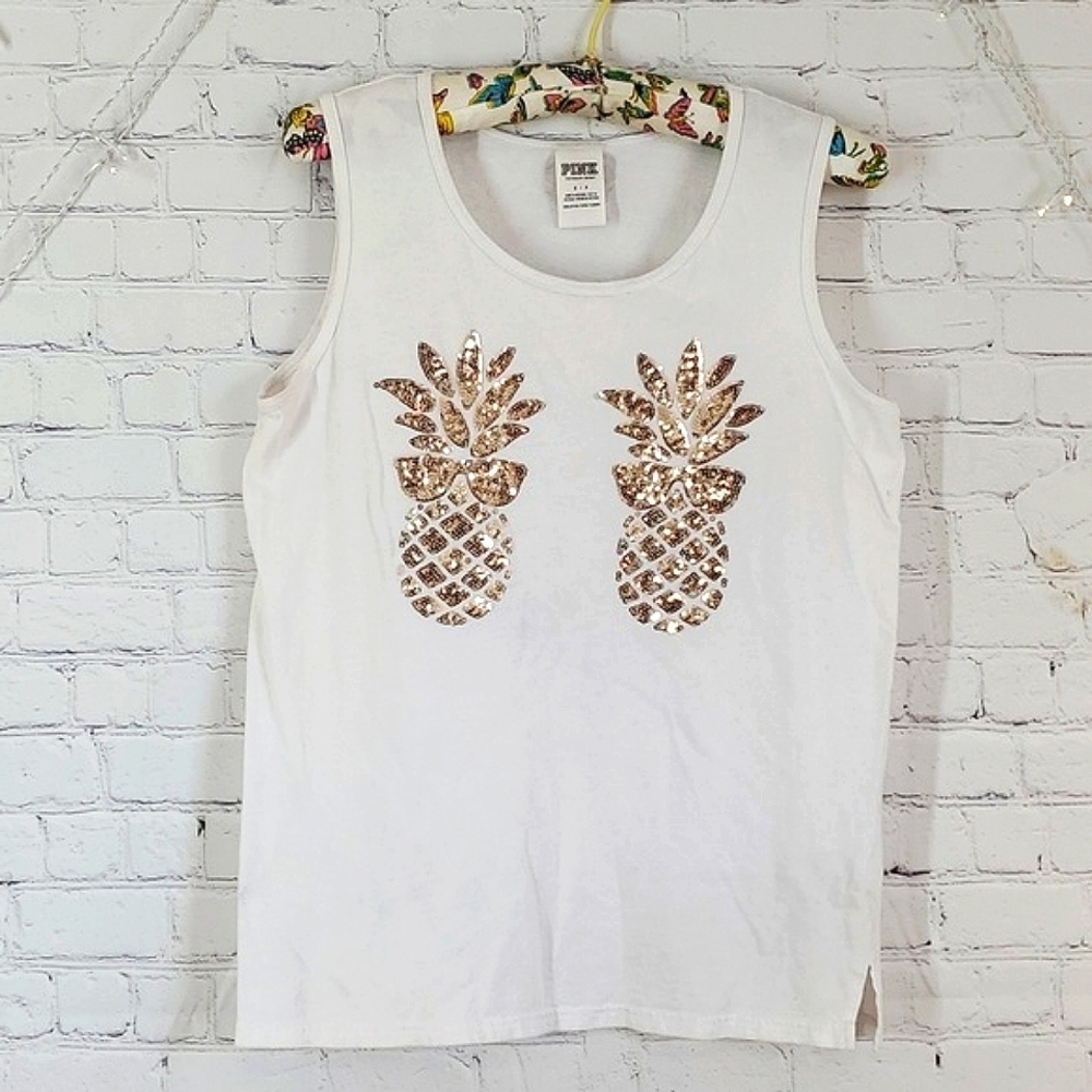 2015 Victoria's Secret PINK Sequins Gold Pineapple Tank Top Womens Size Small